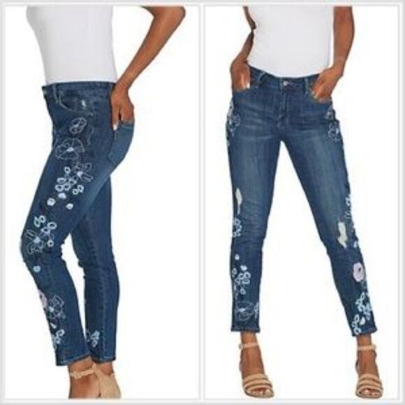 Laurie Felt Indigo Classic Denim Floral Embroidered Slim Leg Jeans Size 14 - Picture 1 of 11